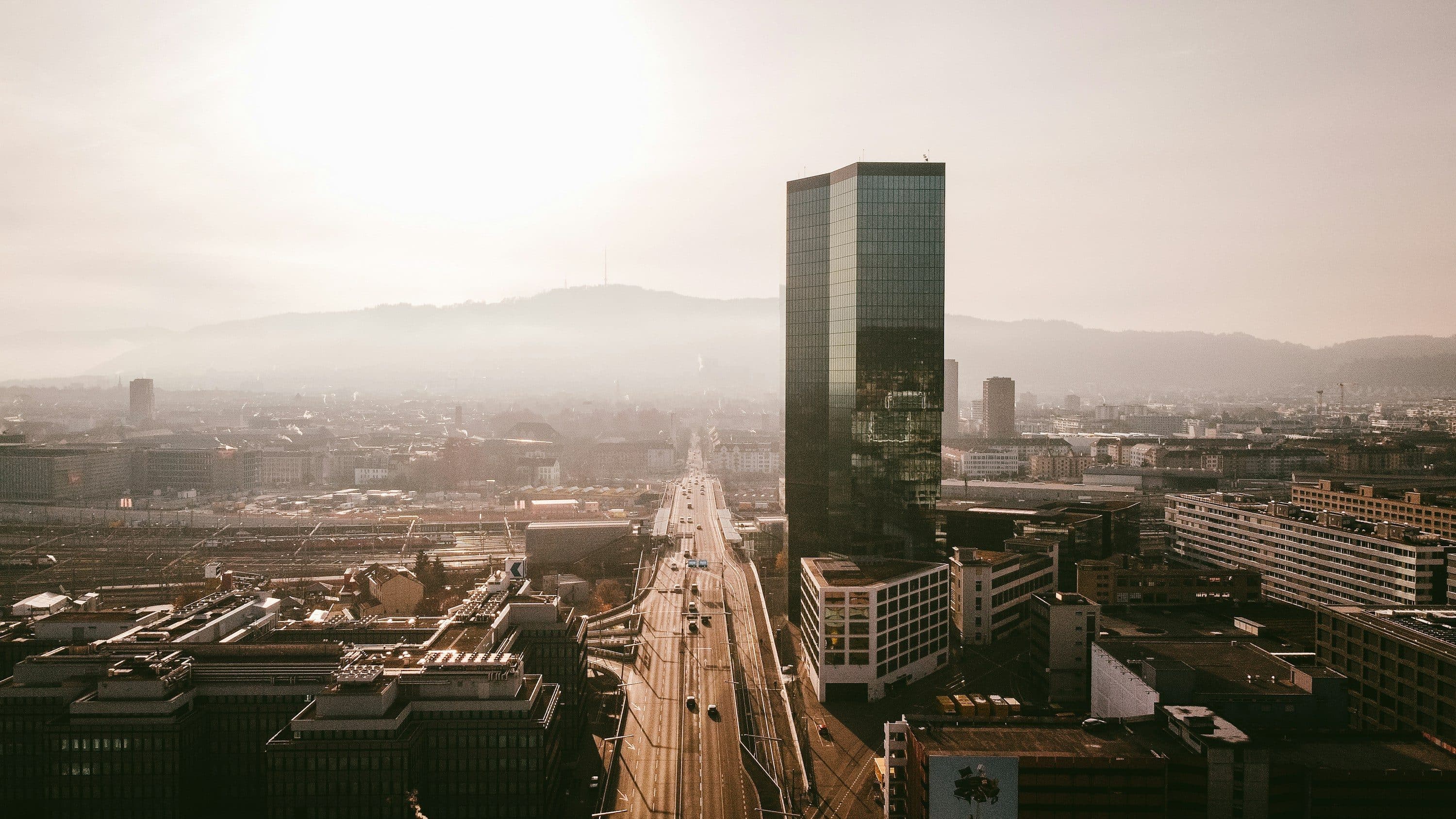 Aerial view of the Prime Tower over Zurich